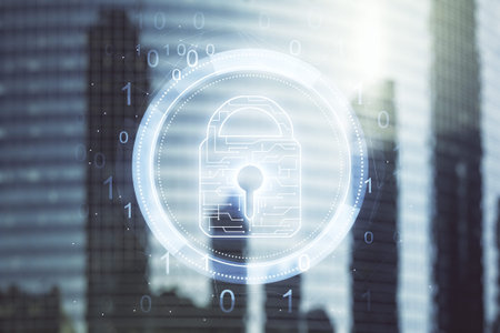 Double exposure of virtual creative lock hologram with chip on modern skyscrapers background....