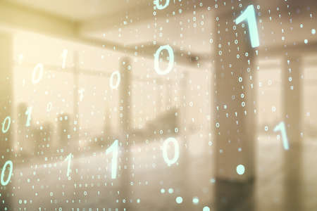 Abstract virtual binary code sketch on empty classroom background, hacking and matrix concept. Multiexposureの写真素材