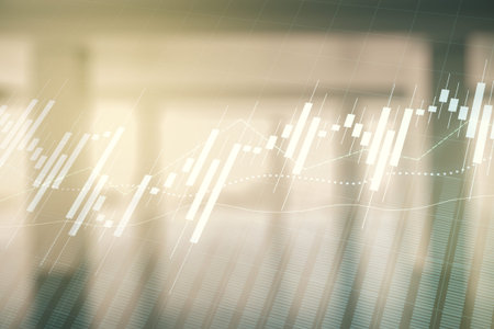 Multi exposure of virtual creative financial chart hologram on empty modern office background,...