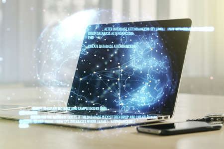 Double exposure of abstract creative programming illustration with world map on computer background, big data and blockchain conceptの写真素材