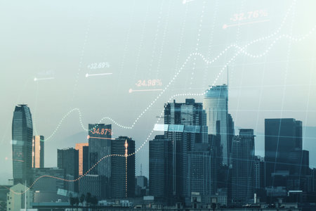 Double exposure of abstract virtual statistics data hologram on Los Angeles city skyscrapers...