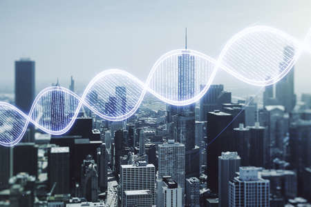 Double exposure of creative DNA hologram on Chicago city skyscrapers background. Bio Engineering and DNA Research conceptの写真素材