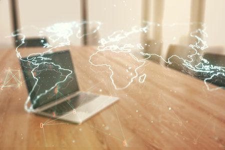 Abstract creative digital world map on modern computer background, globalization concept....