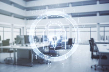 Virtual creative lock symbol and microcircuit illustration on a modern furnished office background....