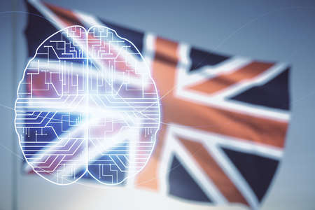 Virtual creative artificial Intelligence hologram with human brain sketch on flag of Great Britain and sunset sky background. Multiexposureの写真素材