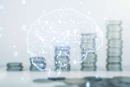 Virtual creative artificial Intelligence hologram with human brain sketch on coins background. Double exposureの写真素材