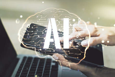 Double exposure of creative human brain microcircuit and hand working with a digital tablet on background. Future technology and AI conceptの写真素材