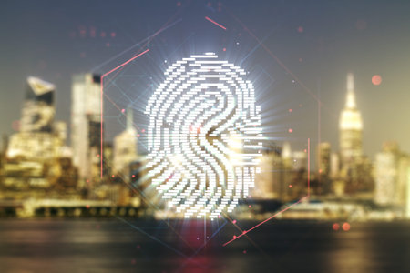 Multi exposure of virtual fingerprint scan interface on blurry office buildings background, digital...