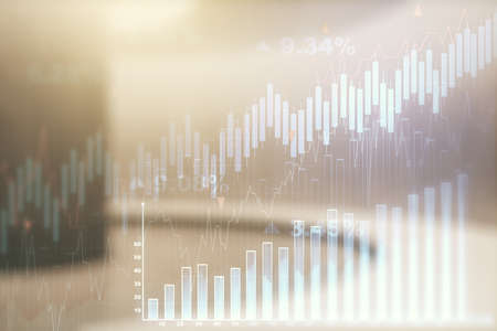 Multi exposure of virtual creative financial chart hologram on empty modern office background, research and analytics conceptの写真素材