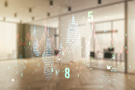 Abstract virtual financial graph hologram on a modern furnished office background, forex and...