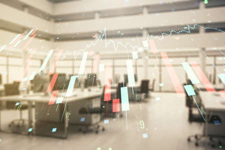 Double exposure of abstract virtual global crisis chart and world map hologram on modern corporate office background. Financial crisis and recession conceptの写真素材
