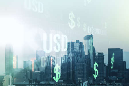 Double exposure of virtual USD symbols hologram on Los Angeles city skyscrapers background. Banking and investing conceptの写真素材