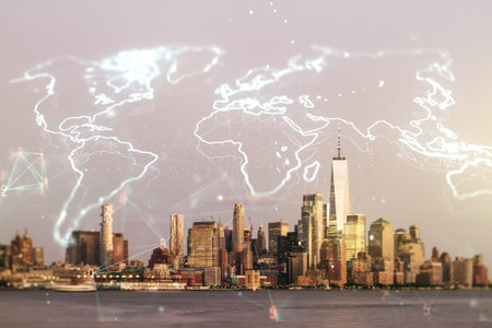 Multi exposure of abstract graphic world map on Manhattan cityscape background, big data and...
