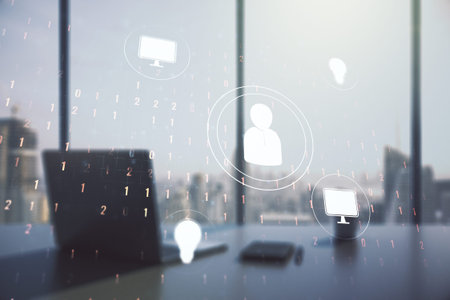 Social network media concept and modern desktop with pc on background. Double exposure