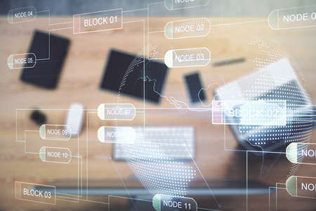 Double exposure of abstract programming language with world map on laptop background, research and development conceptの写真素材