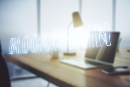 Creative abstract blockchain technology sketch on modern laptop background, future technology and...
