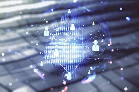Virtual social network hologram and world map on blurry abstract metal background. Multiexposure