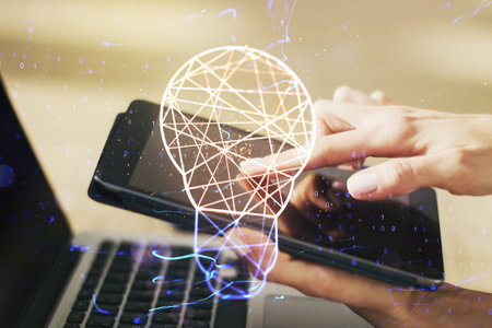 Creative idea concept with light bulb illustration and finger clicks on a digital tablet on...