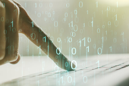 Creative abstract binary code hologram and hands typing on computer keyboard on background, AI and...