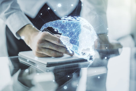 Double exposure of graphic America map and man hand writing in notepad on background, big data and...