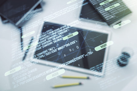 Double exposure of abstract programming language hologram and digital tablet on background, top...
