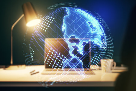 Digital America map on modern computer background, global technology concept. Multiexposureの写真素材