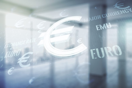 Virtual EURO symbols illustration on modern interior background, forex and currency concept....
