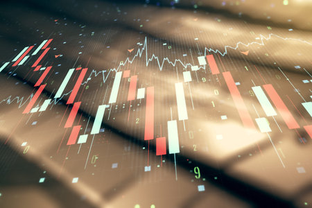 Abstract virtual crisis chart illustration on blurry abstract metal background. Global crisis and...