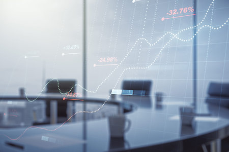 Multi exposure of creative statistics data hologram on a modern meeting room background, stats and...