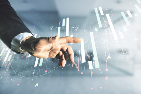 Multi exposure of man hand with pen working with abstract virtual financial graph on blurred office...