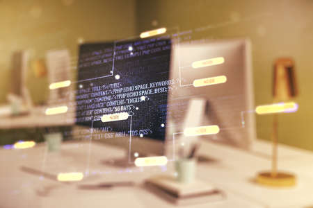 Abstract creative coding concept on modern laptop background. Multiexposureの写真素材