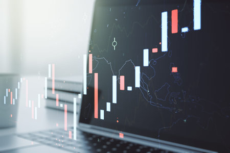 Double exposure of abstract creative financial diagram on modern laptop background, banking and...