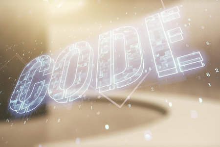 Code word hologram on empty corporate office background, artificial intelligence and neural networks concept. Multiexposureの写真素材