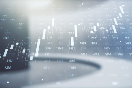 Multi exposure of creative statistics data hologram on empty modern office background, stats and...