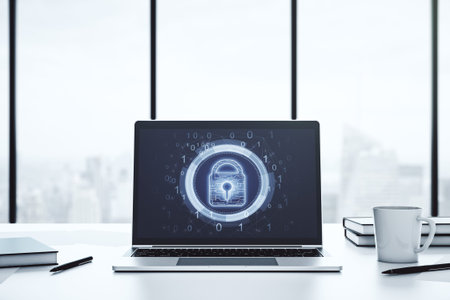 Modern computer monitor with creative lock hologram and chip. Information security concept. 3D...