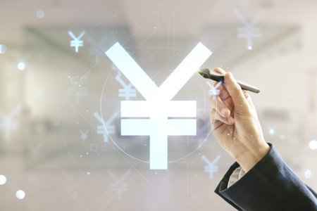 Man hand with pen working with abstract virtual Japanese Yen symbol illustration on blurred office...