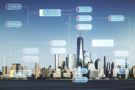 Multi exposure of abstract graphic coding sketch on Manhattan cityscape background, big data and...
