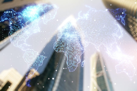 Double exposure of abstract digital world map on modern skyscrapers background, research and...