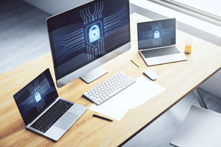 Computer monitor with creative light lock illustration and microcircuit, cyber security concept. 3D Renderingの写真素材