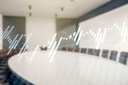 Abstract virtual financial graph hologram on a modern furnished classroom background, financial and trading concept. Multiexposureの写真素材
