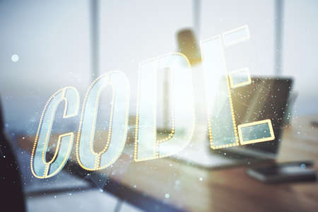 Creative Code word sign on modern computer background, international software development concept. Multiexposureの写真素材