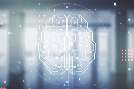 Double exposure of creative artificial Intelligence interface on empty modern office background....
