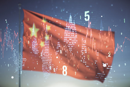 Multi exposure of virtual abstract financial diagram on flag of China and blue sky background, banking and accounting conceptの写真素材
