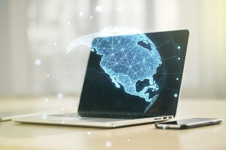 Double exposure of graphic America map on computer background, big data and digital technology...