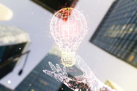 Abstract virtual light bulb illustration on modern architecture background, future technology concept. Multiexposureの写真素材
