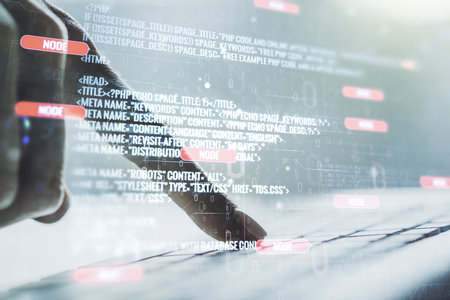 Multi exposure of abstract creative coding sketch and hands typing on computer keyboard on background, artificial intelligence and neural networks conceptの写真素材