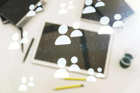 Social network concept and modern digital tablet on background, top view. Multiexposureの写真素材