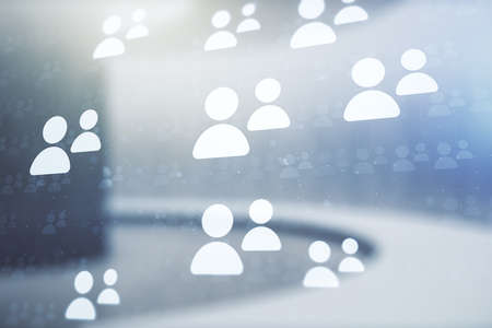 Double exposure of social network icons hologram on empty room interior background. Networking conceptの写真素材