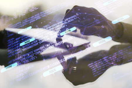 Double exposure of abstract programming language hologram with world map and finger clicks on a...