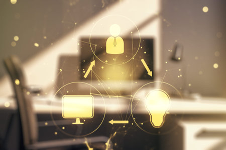 Double exposure of social network icons concept and modern desk with computer on background....